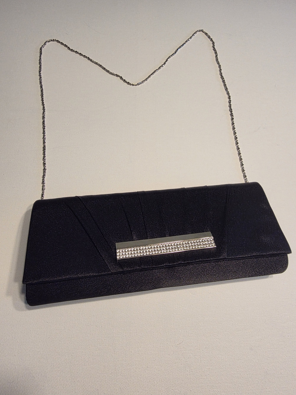 Bijoux Terner Black Satin Rhinestone Clutch with Chain